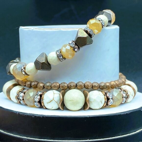3pc Elegant Beaded Bracelet Set in Cream, Brown and Gold Tones - Picture 2 of 8